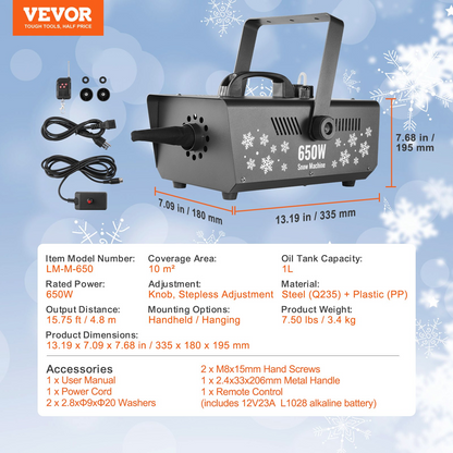 VEVOR Snow Machine 650W Handheld Hanging Snow Making Machine for Holidays