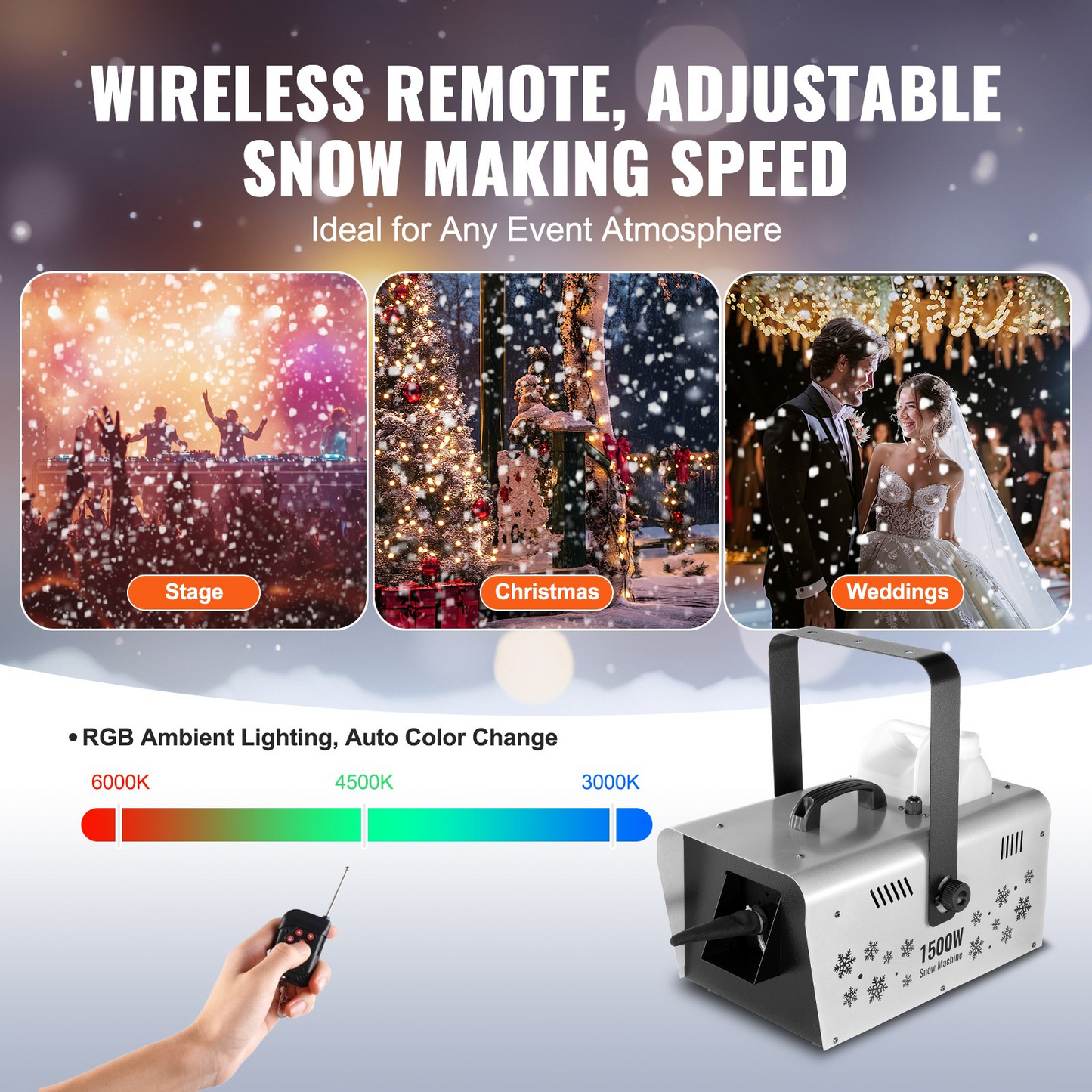 VEVOR Snow Machine 1500W Wireless Remote Handheld Hanging Snow Making Machine