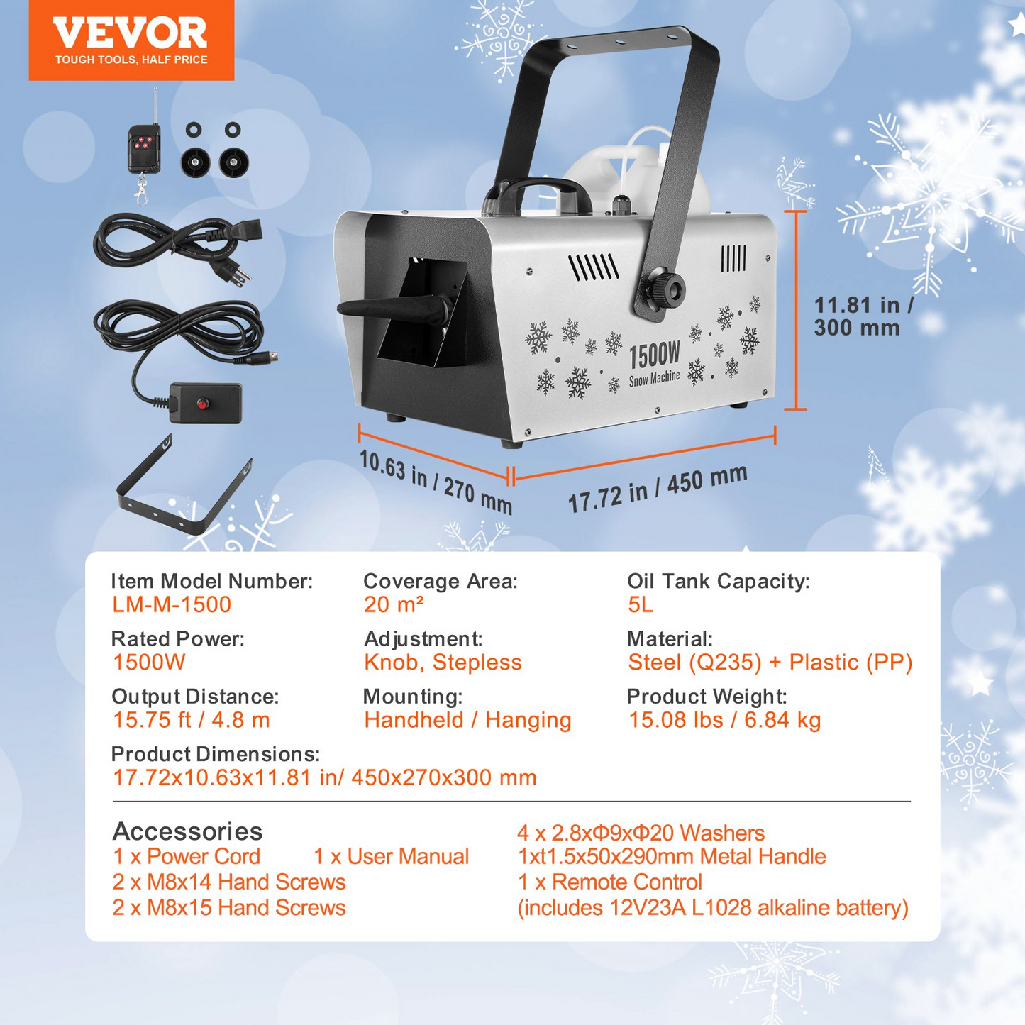 VEVOR Snow Machine 1500W Wireless Remote Handheld Hanging Snow Making Machine