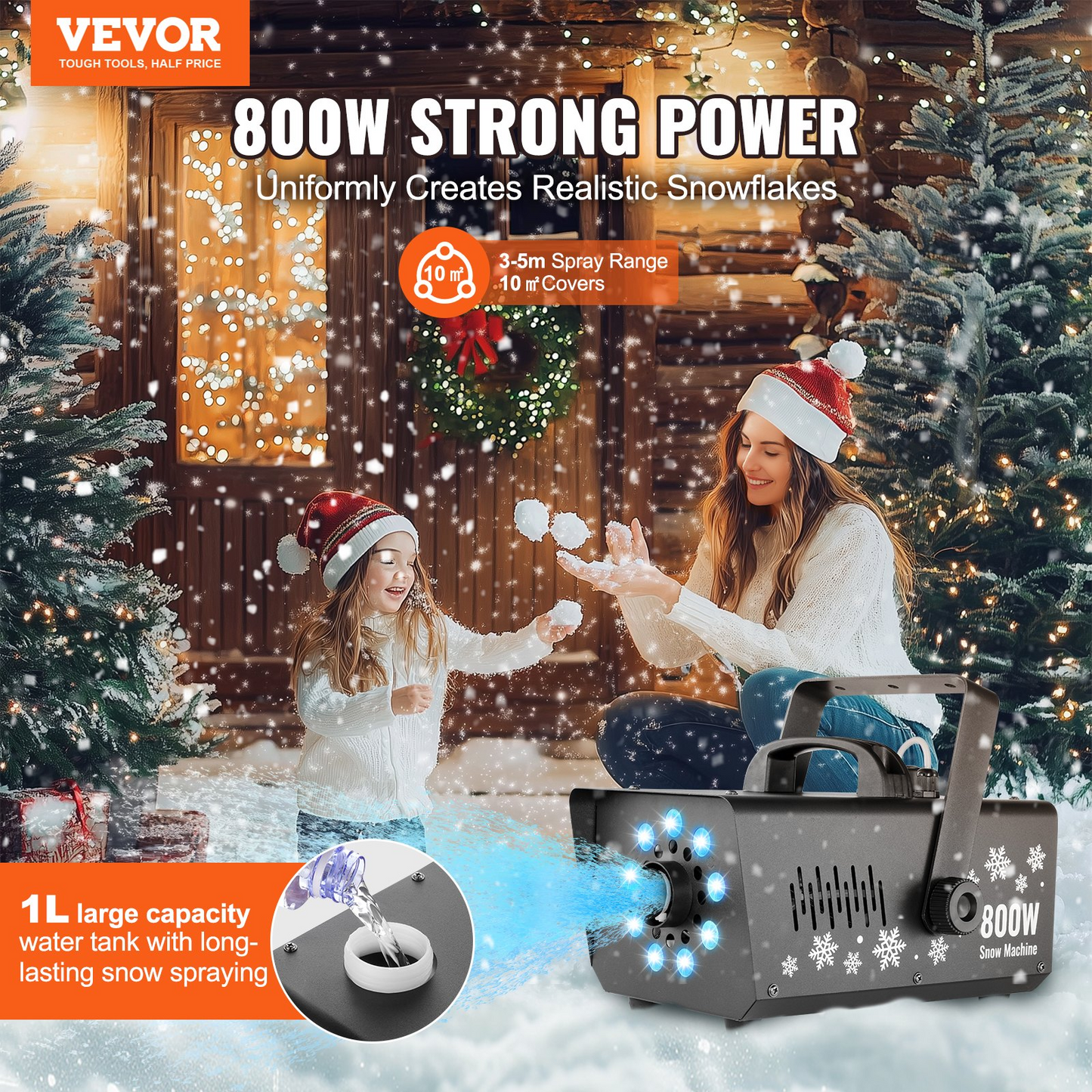 VEVOR Snow Machine 800W Handheld Hanging Snow Maker sprayer with LED Light for Holidays