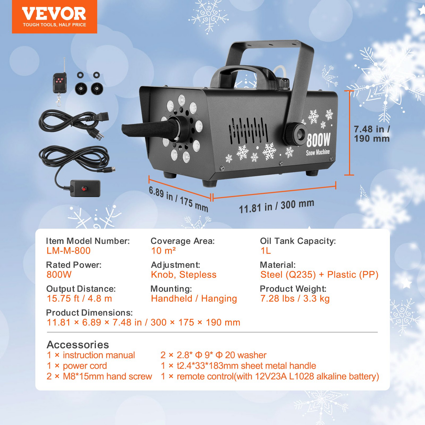 VEVOR Snow Machine 800W Handheld Hanging Snow Maker sprayer with LED Light for Holidays