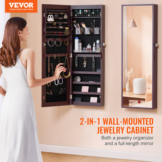 VEVOR Mirror Jewelry Cabinet 42.52in Lockable Wall or Door Mounted Armoire Brown