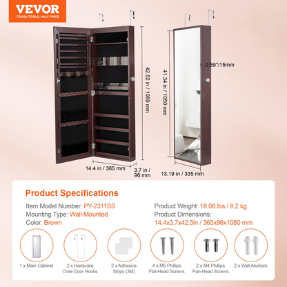 VEVOR Mirror Jewelry Cabinet 42.52in Lockable Wall or Door Mounted Armoire Brown