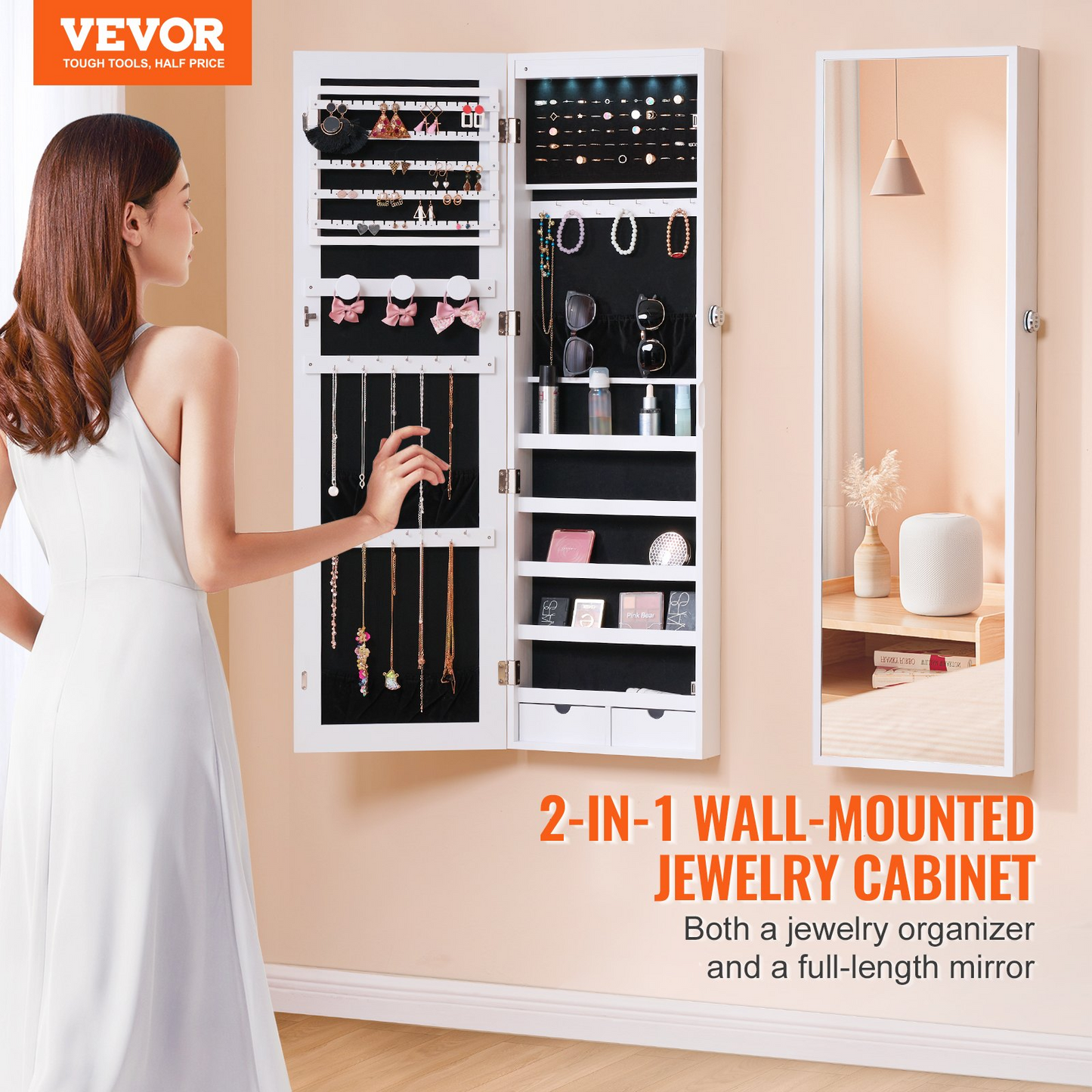 VEVOR Mirror Jewelry Cabinet 47.05in Lockable Wall or Door Mounted Armoire White