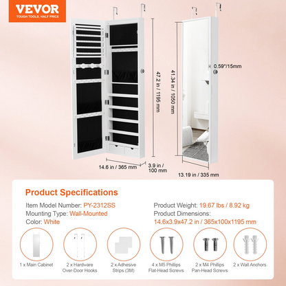 VEVOR Mirror Jewelry Cabinet 47.05in Lockable Wall or Door Mounted Armoire White