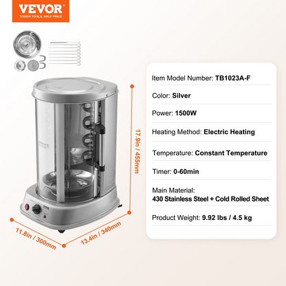 VEVOR Stainless Steel Shawarma Grill Machine Vertical Gyro Rotisserie Doner