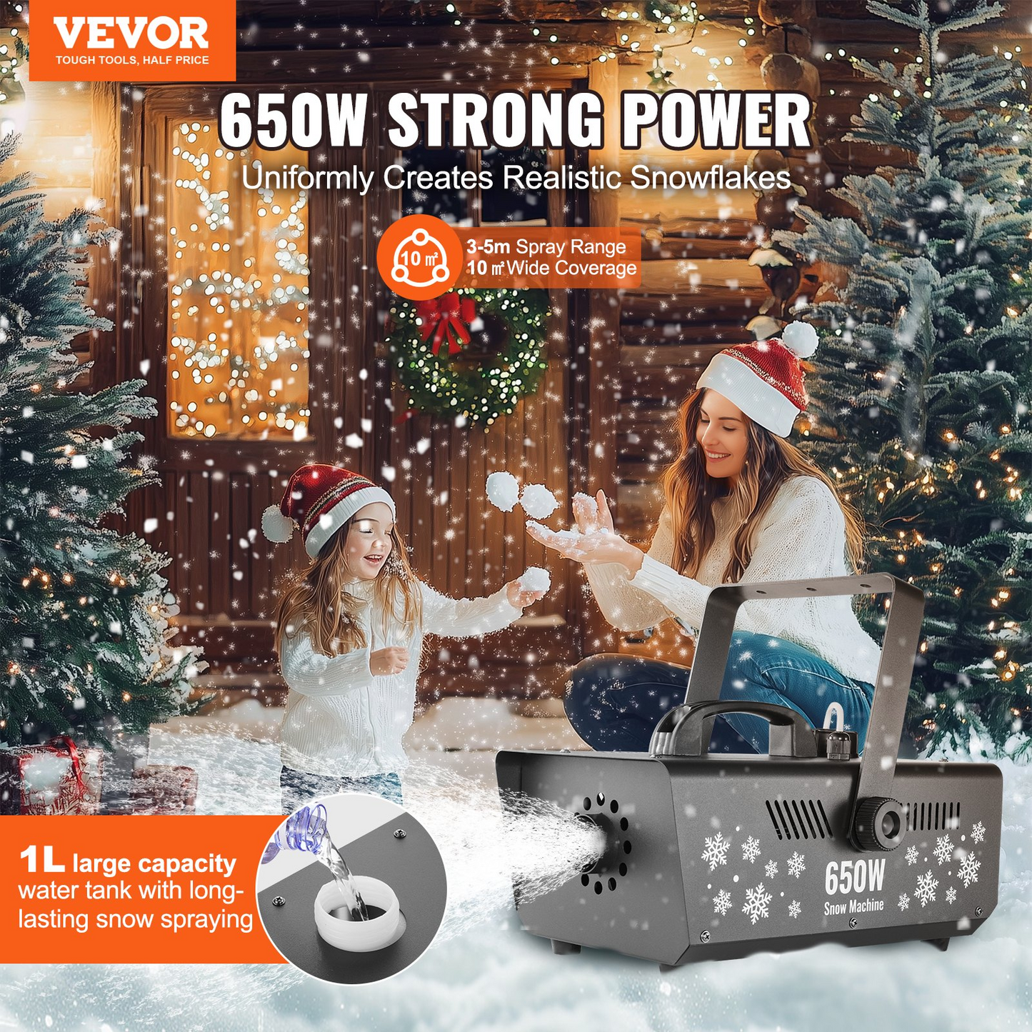 VEVOR Snow Machine 650W Handheld Hanging Snow Making Machine for Holidays