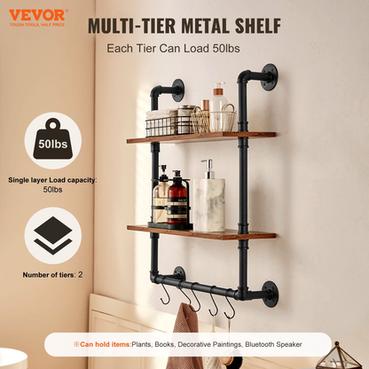 VEVOR Industrial Pipe Shelf 2 Tier 24x7.87in Wall-Mount for Kitchen Bedroom