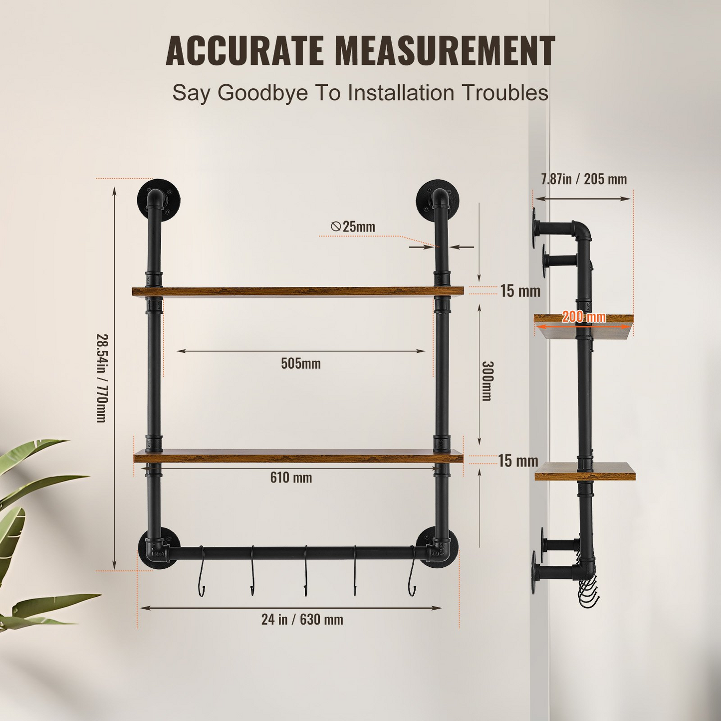 VEVOR Industrial Pipe Shelf 2 Tier 24x7.87in Wall-Mount for Kitchen Bedroom