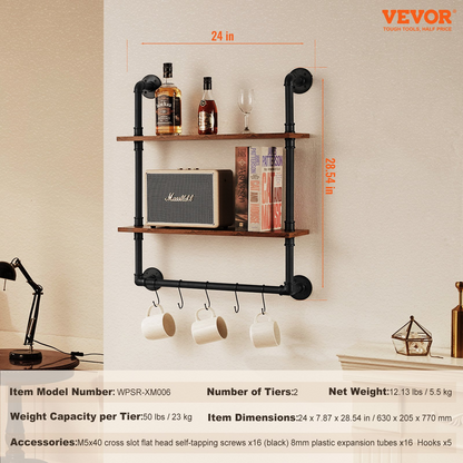 VEVOR Industrial Pipe Shelf 2 Tier 24x7.87in Wall-Mount for Kitchen Bedroom