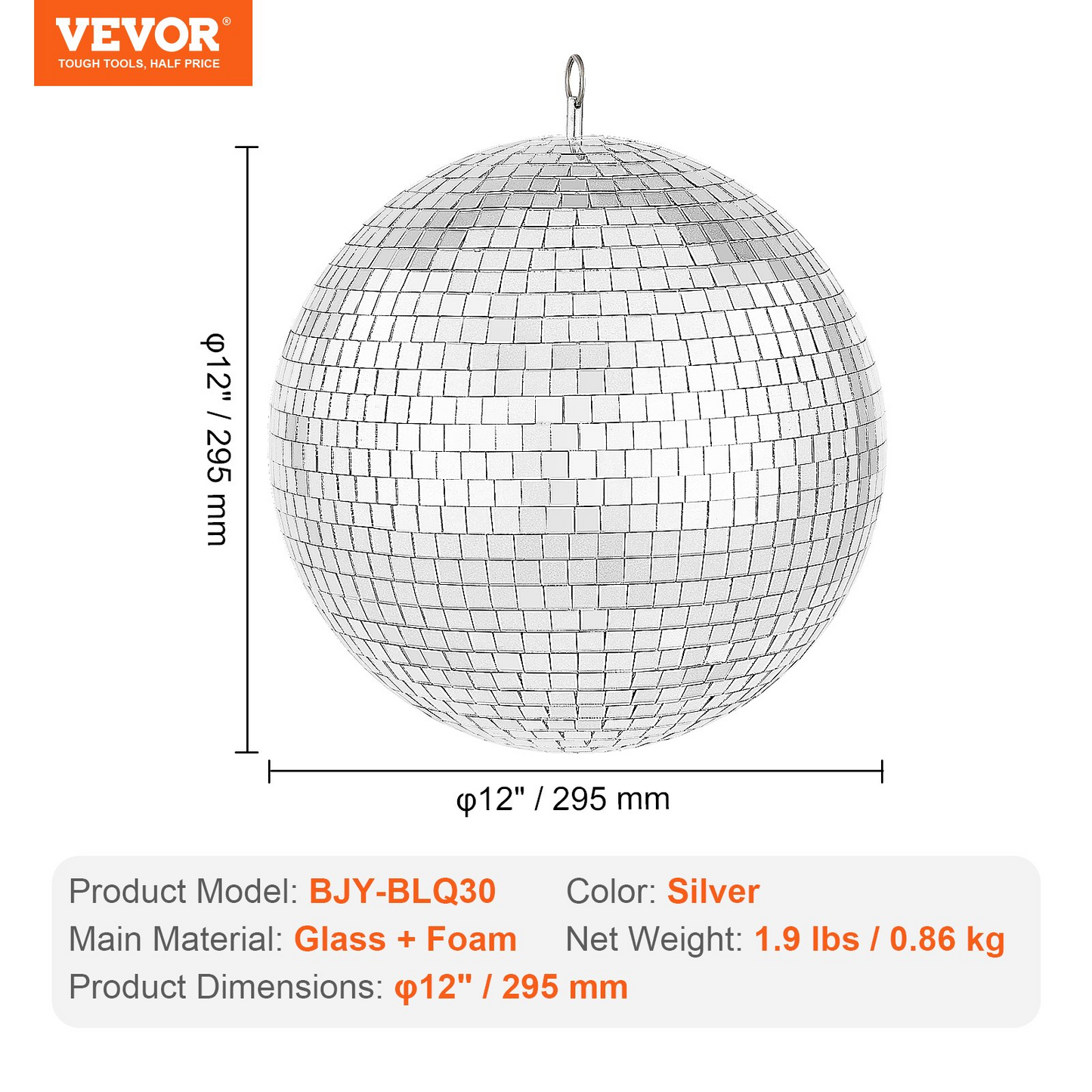 12" Mirror Disco Ball – Silver Party Ball with Hanging Ring for Events