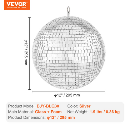 12" Mirror Disco Ball – Silver Party Ball with Hanging Ring for Events