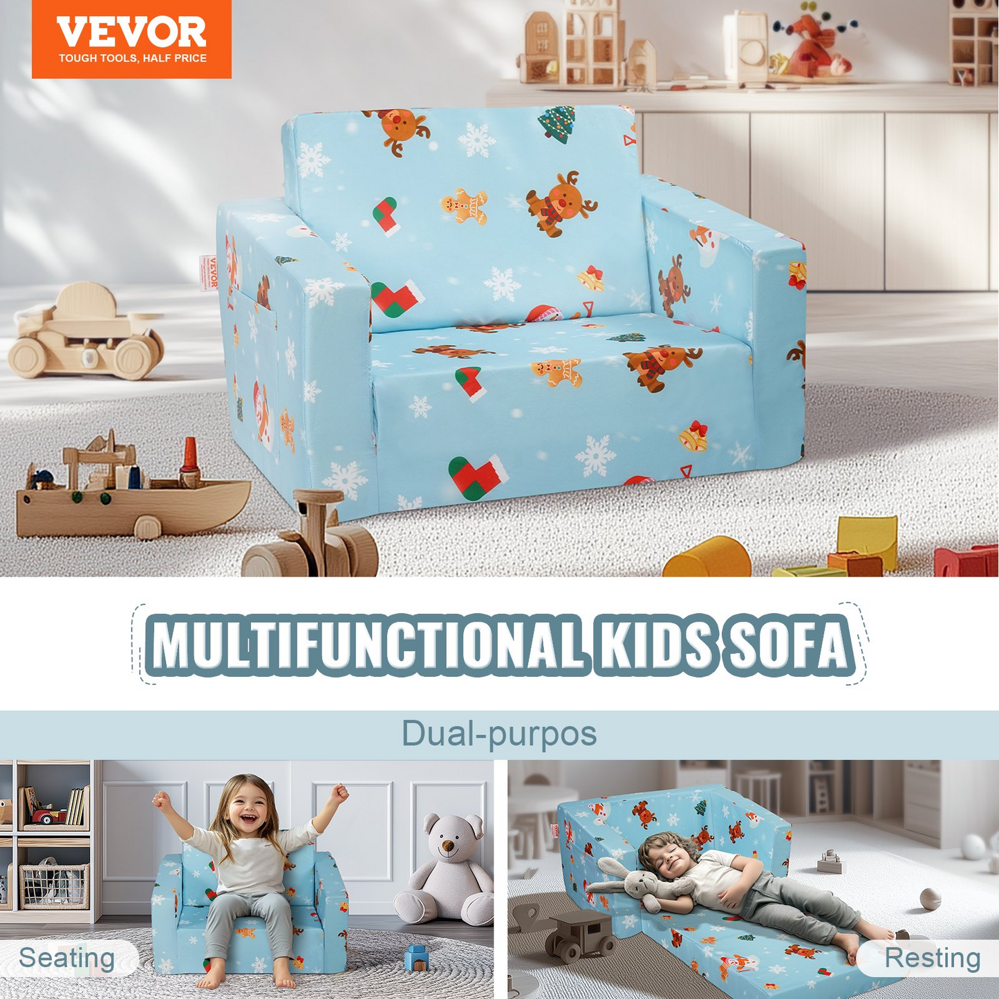 VEVOR Kids Christmas Couch, 2-in-1 Toddler Chairs Comfy, Toddler Couch Sofa Bed Fold Out, Convertible Sofa to Lounger, Kids Chair Seat Playroom Furniture for Kids Girls & Boys, Sky Blue