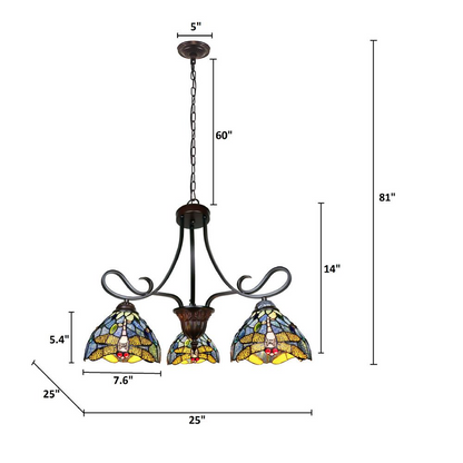 CHLOE Lighting SUNNIVA Dragonfly Tiffany-Style 3 Light Chandelier 25" Wide