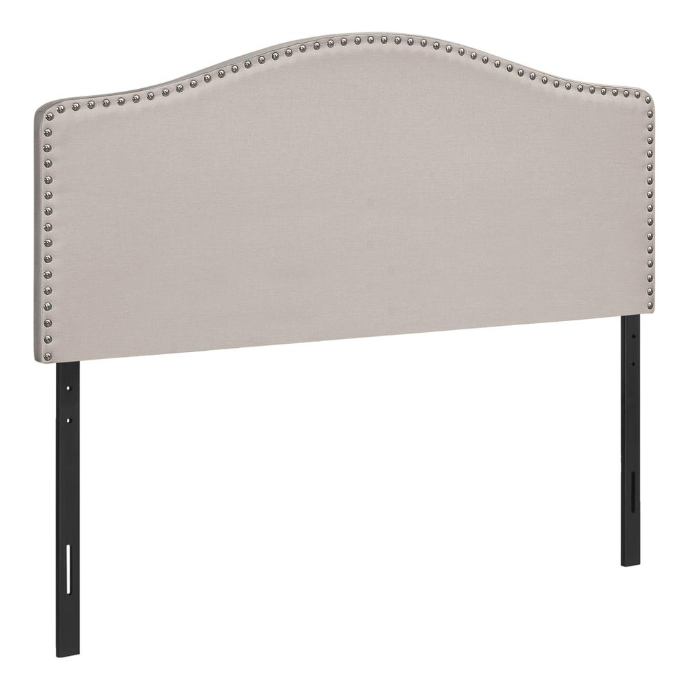 Full Size Beige Linen Headboard - Upholstered Panel with Chrome-Finish Nailhead Trim