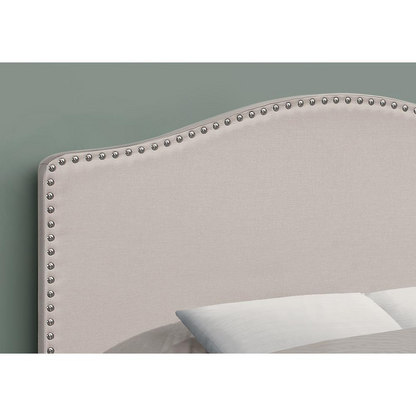 Full Size Beige Linen Headboard - Upholstered Panel with Chrome-Finish Nailhead Trim