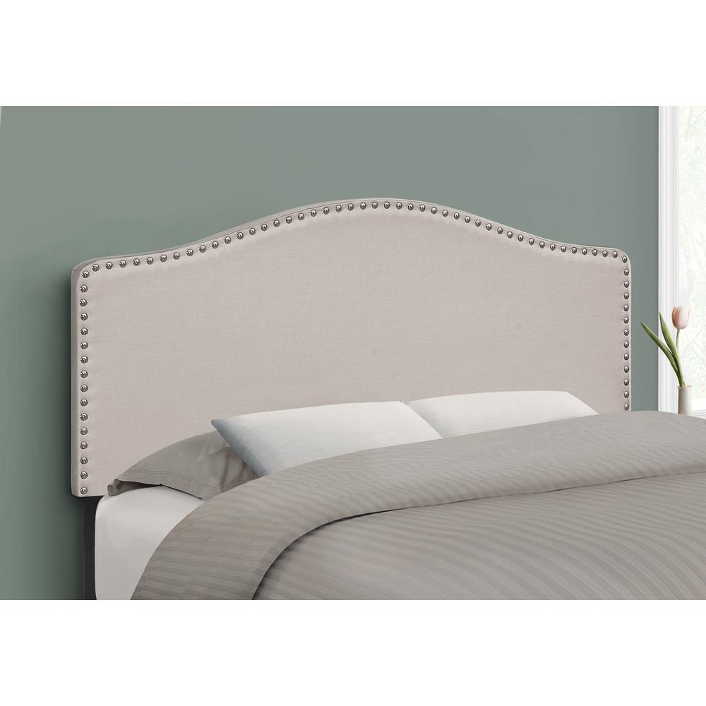 Full Size Beige Linen Headboard - Upholstered Panel with Chrome-Finish Nailhead Trim