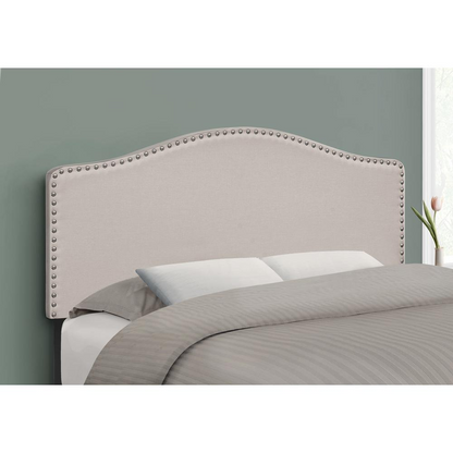 Full Size Beige Linen Headboard - Upholstered Panel with Chrome-Finish Nailhead Trim