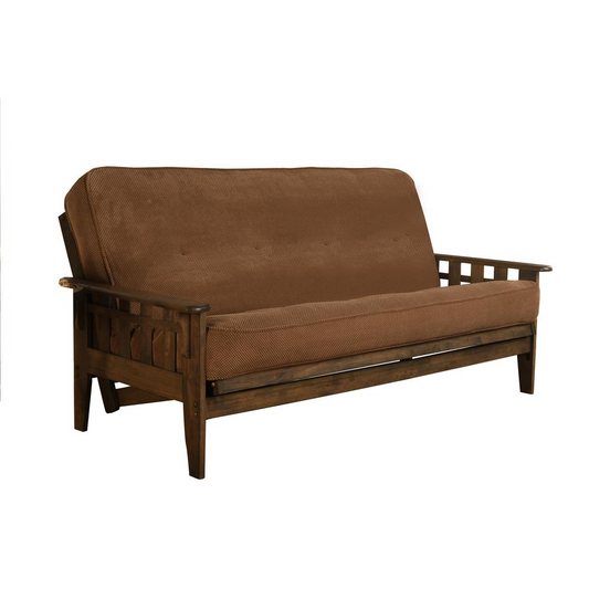 Tucson Frame-Rustic Walnut Finish-Marmont Mocha Mattress - Versatile Hardwood Futon Sofa Bed