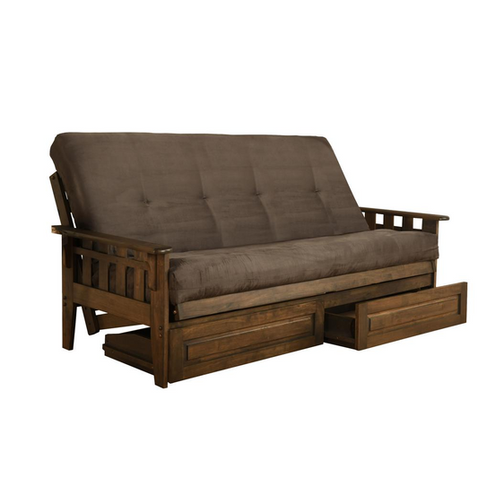 Tucson Frame-Rustic Walnut Finish-Suede Gray Mattress-Storage Drawers - Classic Hardwood Frame