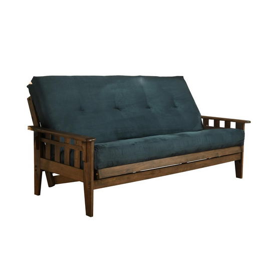 Tucson Full Size Futon Sofa Bed - Rustic Walnut Finish - Suede Navy Mattress