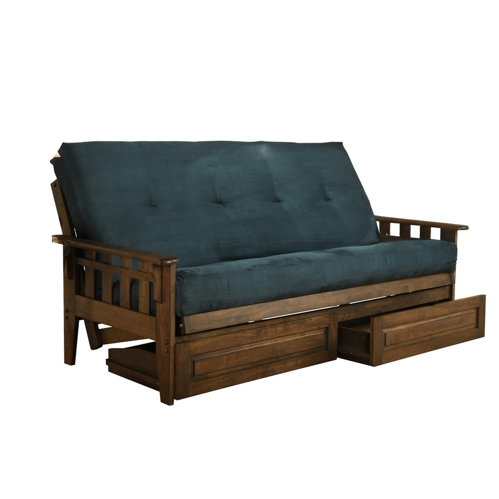 Tucson Full Size Futon Sofa Bed - Rustic Walnut Finish - Suede Navy Mattress