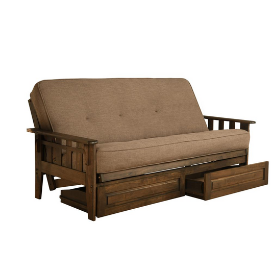 Tucson Frame - Rustic Walnut Finish - Linen Stone Mattress - Storage Drawers