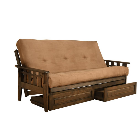 Tucson Frame-Rustic Walnut Finish-Suede Peat Mattress - Classic Hardwood Futon Sofa Bed