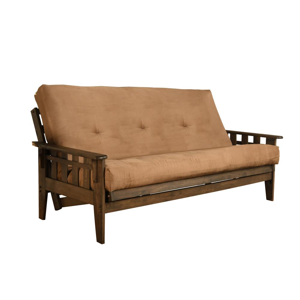 Tucson Frame-Rustic Walnut Finish-Suede Peat Mattress - Classic Hardwood Futon Sofa Bed