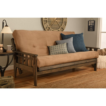 Tucson Frame-Rustic Walnut Finish-Suede Peat Mattress - Classic Hardwood Futon Sofa Bed