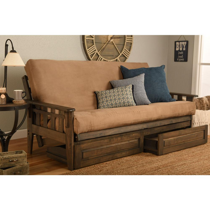 Tucson Frame-Rustic Walnut Finish-Suede Peat Mattress - Classic Hardwood Futon Sofa Bed