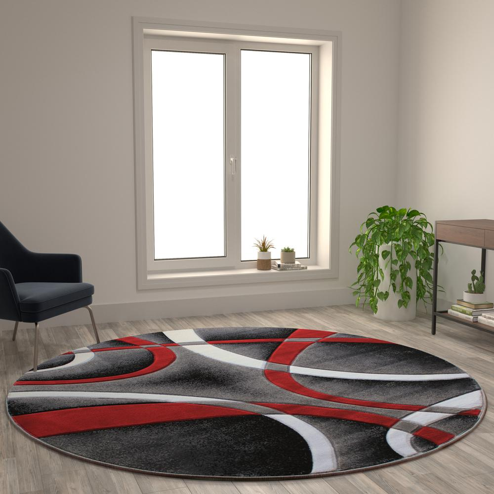 8' x 8' Red Round Abstract Area Rug - Modern Design, Plush and Durable - Olefin Fibers