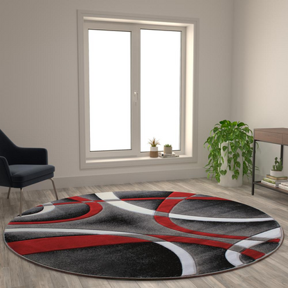 8' x 8' Red Round Abstract Area Rug - Modern Design, Plush and Durable - Olefin Fibers