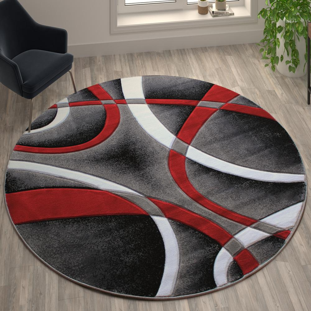 8' x 8' Red Round Abstract Area Rug - Modern Design, Plush and Durable - Olefin Fibers