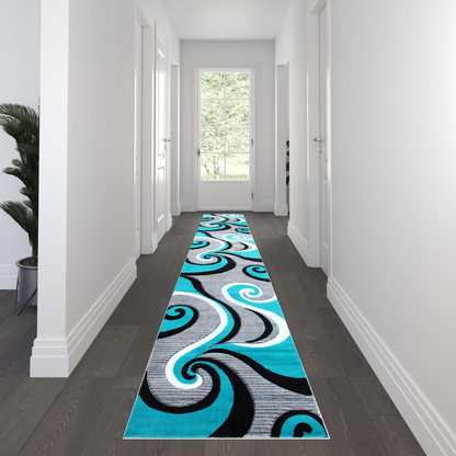 3' x 16' Turquoise Abstract Area Rug - Contemporary Design, Stain-Resistant, Water-Repellent