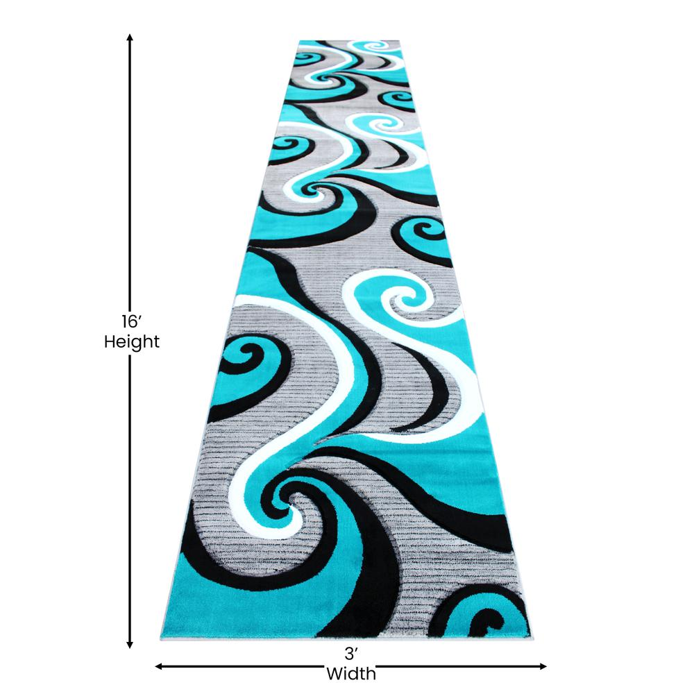 3' x 16' Turquoise Abstract Area Rug - Contemporary Design, Stain-Resistant, Water-Repellent