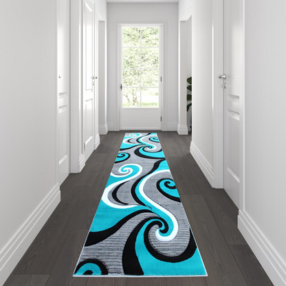 3' x 10' Turquoise Abstract Area Rug - Contemporary Accent Rug for Home Décor