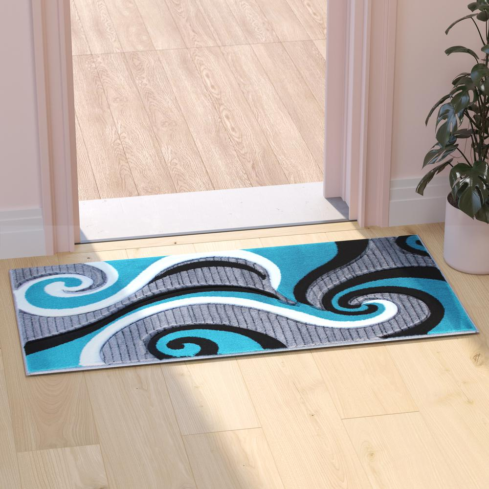 2' x 7' Turquoise Abstract Area Rug - Contemporary Design, Stain-Resistant, Water Repellent, Non-Shedding