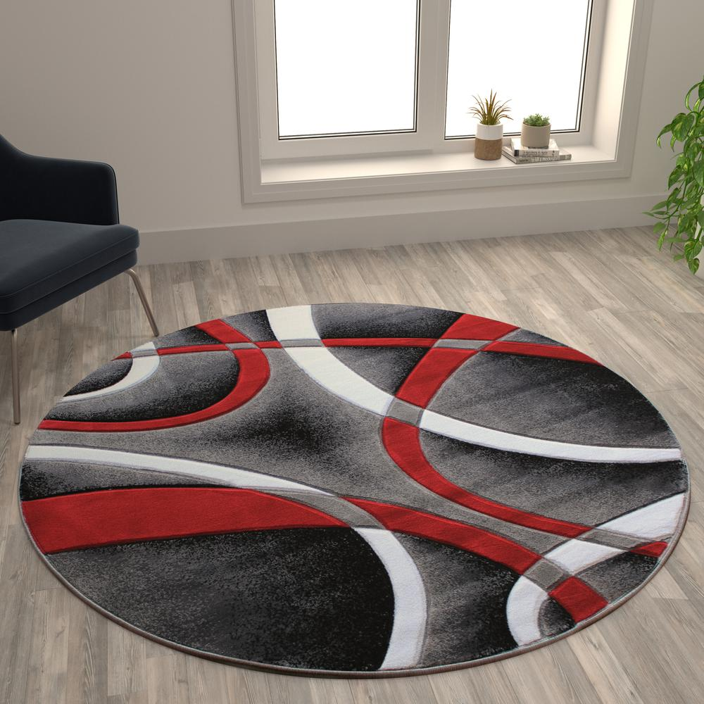 5' x 5' Red Round Abstract Area Rug - Stain-Resistant Olefin Rug