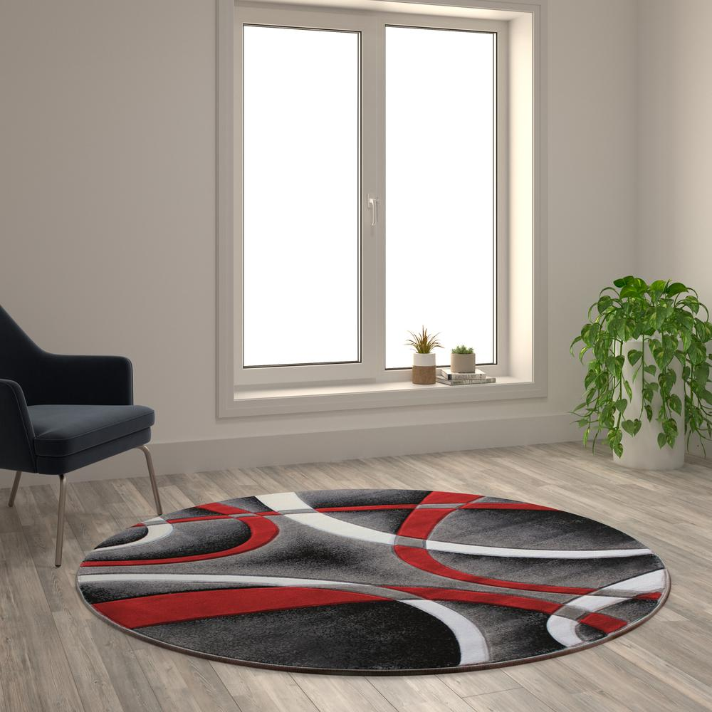 5' x 5' Red Round Abstract Area Rug - Stain-Resistant Olefin Rug