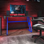 Blue Gaming Ergonomic Desk with Cup Holder and Headphone Hook