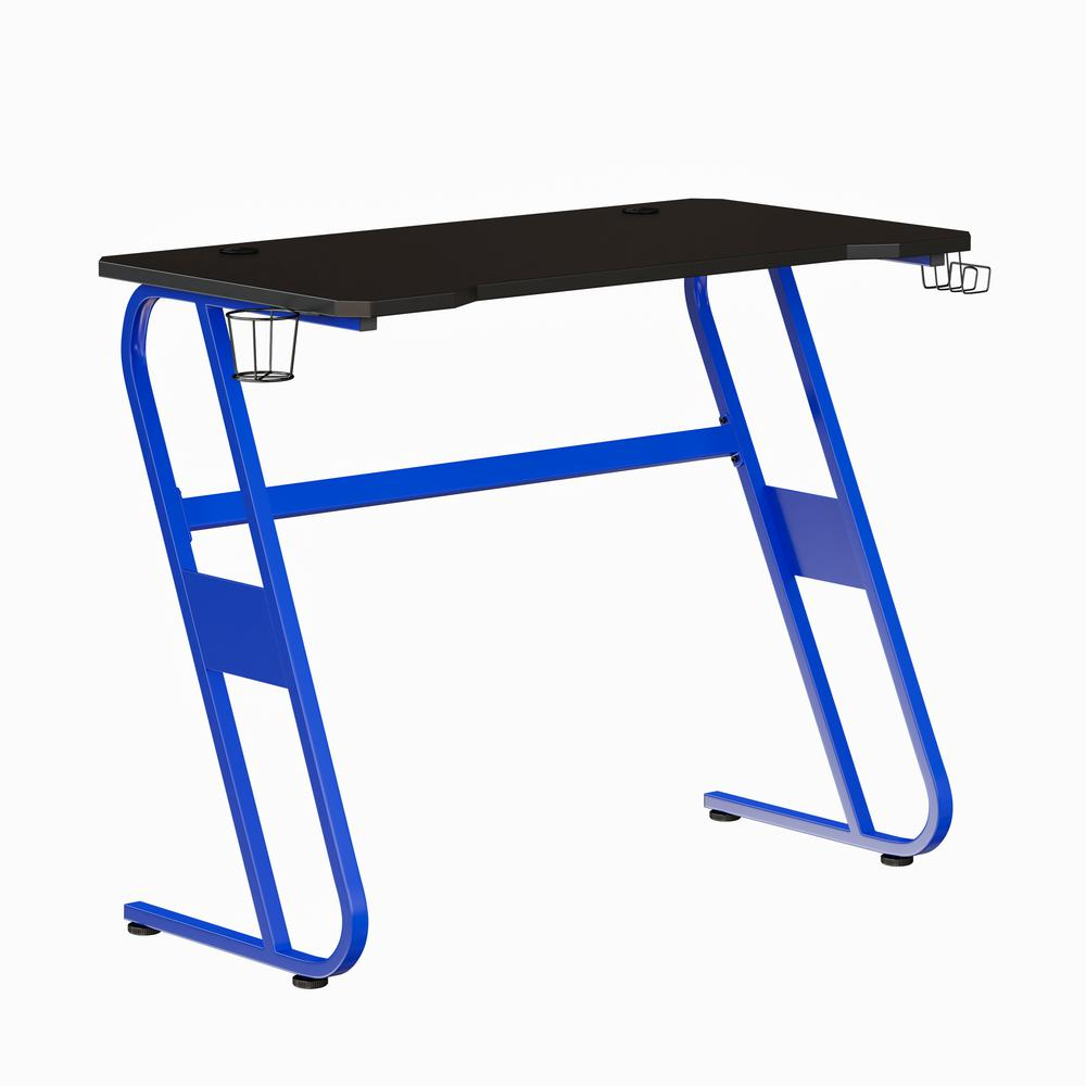 Blue Gaming Ergonomic Desk with Cup Holder and Headphone Hook