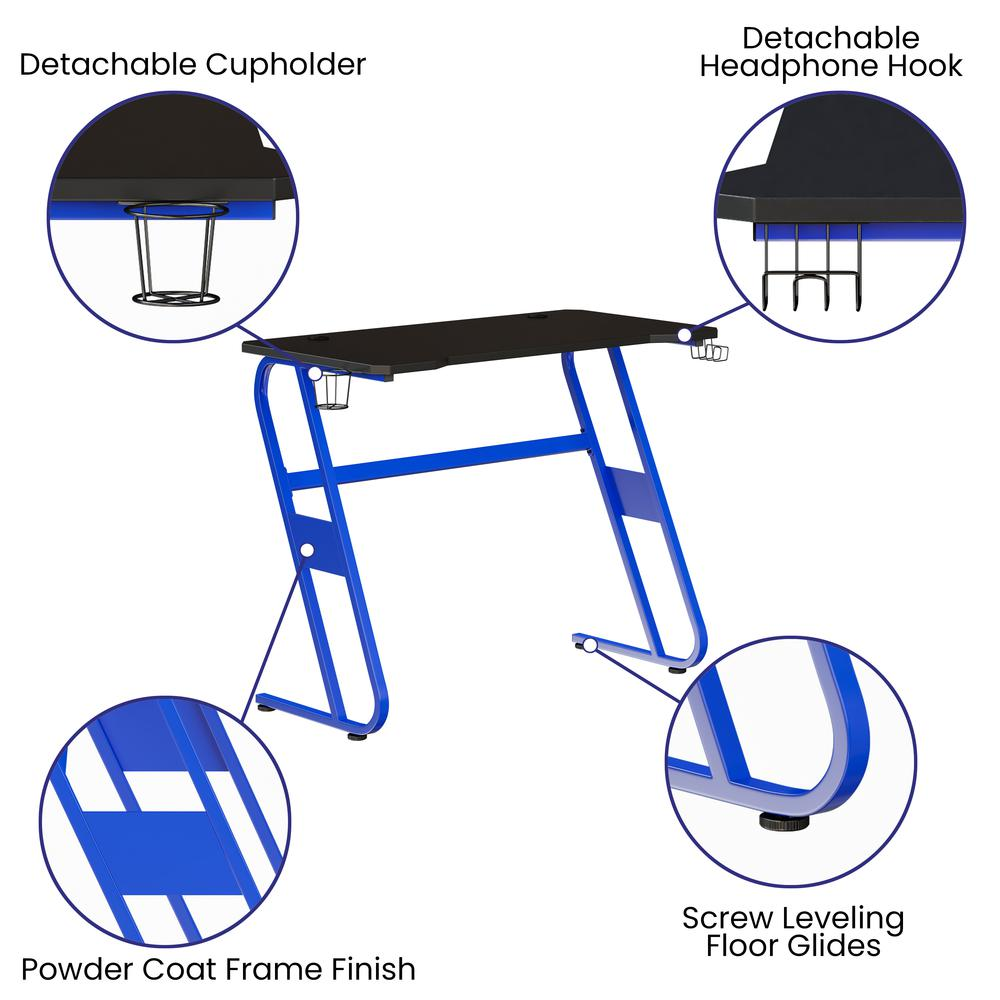 Blue Gaming Ergonomic Desk with Cup Holder and Headphone Hook