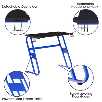 Blue Gaming Ergonomic Desk with Cup Holder and Headphone Hook