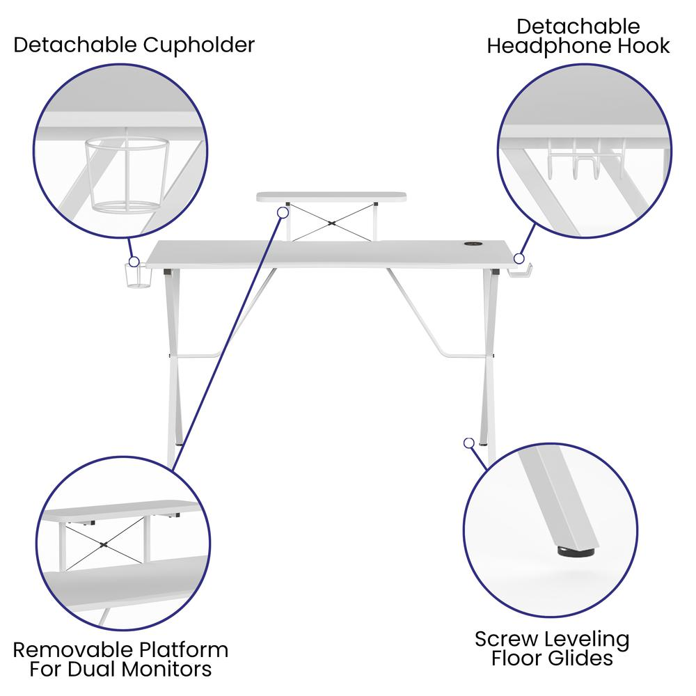 White Gaming Desk with Cup Holder, Headphone Hook, and Monitor/Smartphone Stand