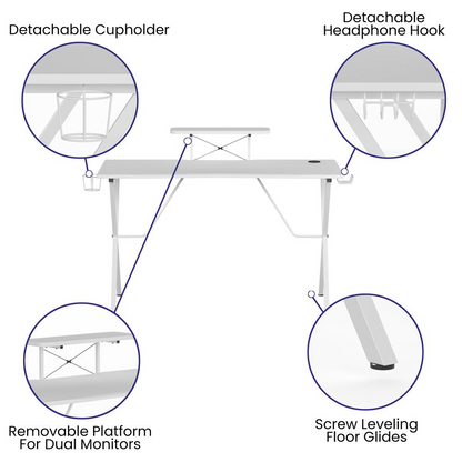 White Gaming Desk with Cup Holder, Headphone Hook, and Monitor/Smartphone Stand