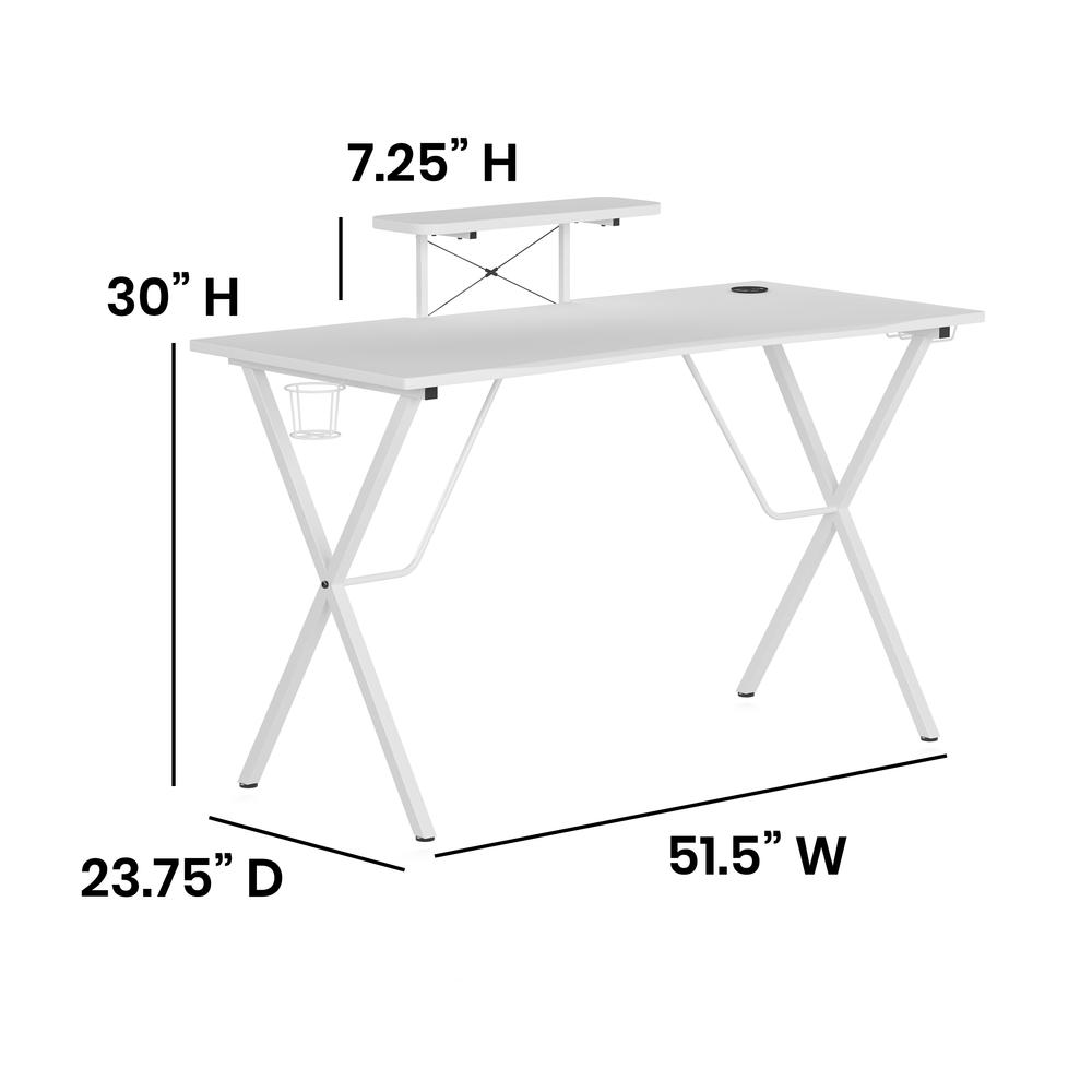 White Gaming Desk with Cup Holder, Headphone Hook, and Monitor/Smartphone Stand