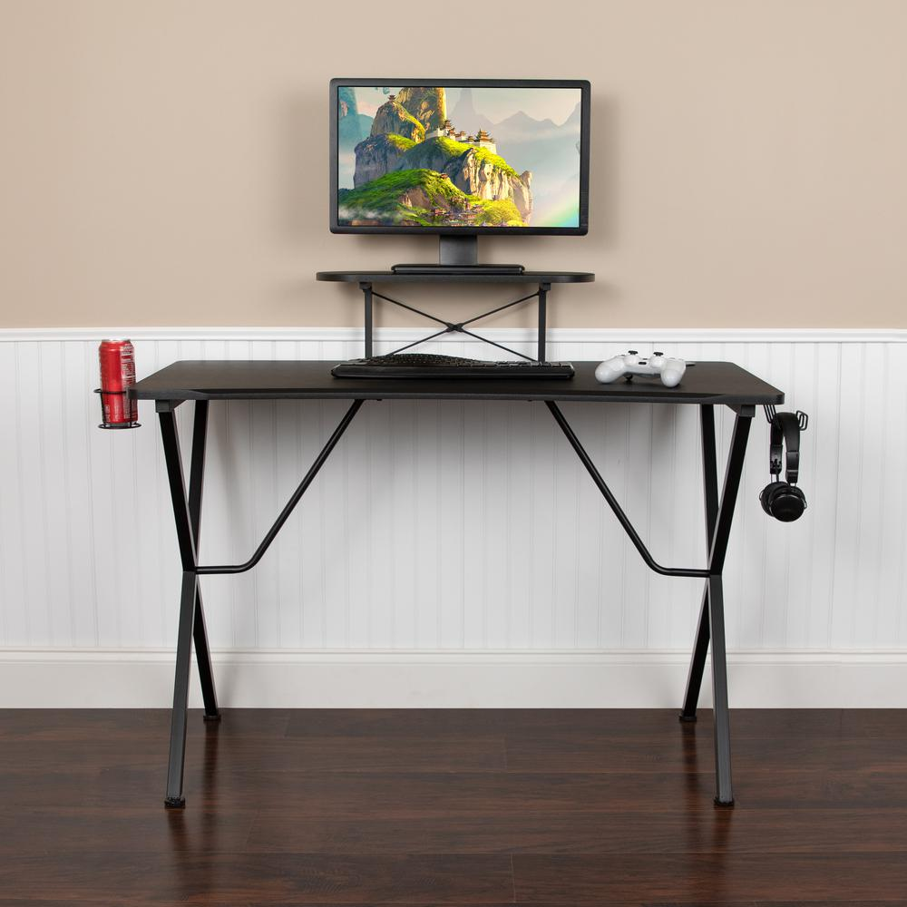 Black Gaming Desk with Cup Holder, Headphone Hook, and Monitor/Smartphone Stand