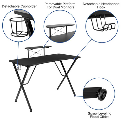 Black Gaming Desk with Cup Holder, Headphone Hook, and Monitor/Smartphone Stand