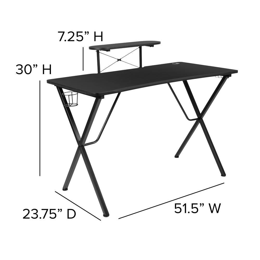 Black Gaming Desk with Cup Holder, Headphone Hook, and Monitor/Smartphone Stand